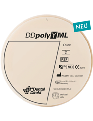 DD poly Y ML - PMMA Multilayer zur Herstellung von Langzeitprovisorien f&uuml;r Kronen und Br&uuml;cken, einzelne Prothesenz&auml;hne, Vollb&ouml;gen und Zahnsegmente f&uuml;r Prothesenbasen. Festigkeit: 120 MPa.