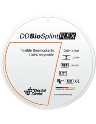 DD BioSplint Flex - Die DD BioSplint Flex Rohlinge bestehen aus einem thermoplastischen Copolymer auf Basis eines medizinsichen PET-G. Das Material zeichnet sich durch hohe Flexibilität bei gleichzeitig hoher Schlagzähigkeit aus. <br />Frei von toxischen und allergenen Stoffen eignet sich der DD BioSplint Flex hervorragend für Patienten mit Unverträglichkeiten. 