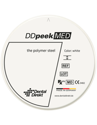 DD Peek MED - Die DD peek MED Rohlinge bieten die ideale Kombination aus Biokompatibilit&auml;t und Bruchfestigkeit. PEEK verf&uuml;gt &uuml;ber ein &auml;hnliches Elastizit&auml;tsmodul wie der menschliche Knochen und ist dabei extrem verschlei&szlig;fest.