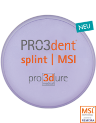 PRO3dent<sup>&reg;</sup> splint | MSI - Fr&auml;srohlinge zur Herstellung harter Aufbissschienen mit MSI<sup>&reg;</sup> Technologie. Ideal f&uuml;r CAM-gefertigte harte Aufbissschienen. Durch die Multi-Species-Inhibierung wird die Anlagerung von Biofilmen signifikant reduziert und Plaqueanlagerungen vermieden.