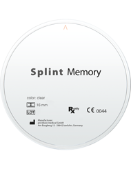 Splint Memory - <p>Die Splint Memory Schiene zeichnet sich durch ihren außergewöhnlichen Tragekomfort und der einzigartigen Flexibilität durch den Thermomemory-Effekt aus.<br />Sie passt sich der Körpertemperatur an und bietet einen festen und bruchsicheren Halt auf der Zahnober­fläche, der dennoch flexibel ist. Die Vorteile von harten und weichen Schienenmaterialien werden in einem Rohling vereint.</p>