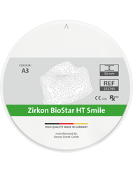 Zirkon BioStar HT Smile Colour - Zirkon BioStar HT Smile Colour sind monochrom voreingef&auml;rbte und hochtransluzente Fr&auml;srohlinge. Die technischen Eigenschaften sind identisch mit Zirkon BioStar HT Smile. Farbe: voreingef&auml;rbt.